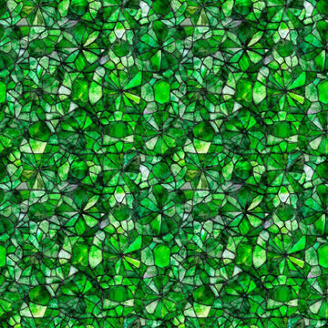 Image of Lumenique Mosaic Blender Green quilting cotton fabric by Dan Morris for QT Fabrics. Features a printed stained glass pattern on a green background. Cute Little Fabric Shop.