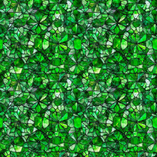 Image of Lumenique Mosaic Blender Green quilting cotton fabric by Dan Morris for QT Fabrics. Features a printed stained glass pattern on a green background. Cute Little Fabric Shop.