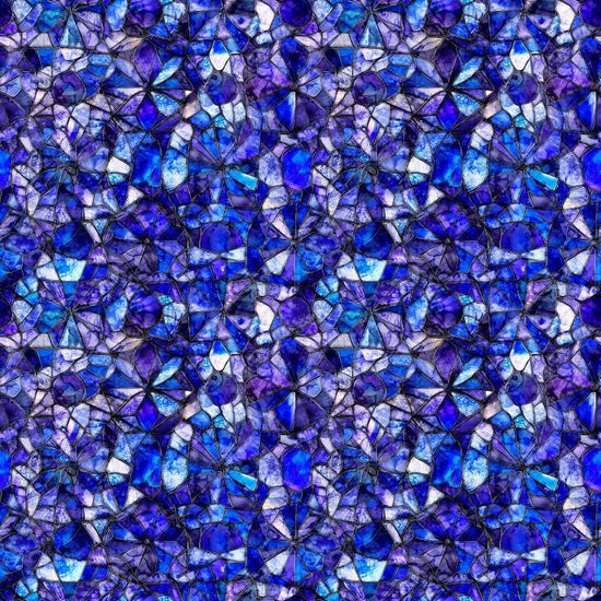 Image of Lumenique Mosaic Blender Lapis quilting cotton fabric by Dan Morris for QT Fabrics. Features a printed stained glass pattern on a blue background. Cute Little Fabric Shop.