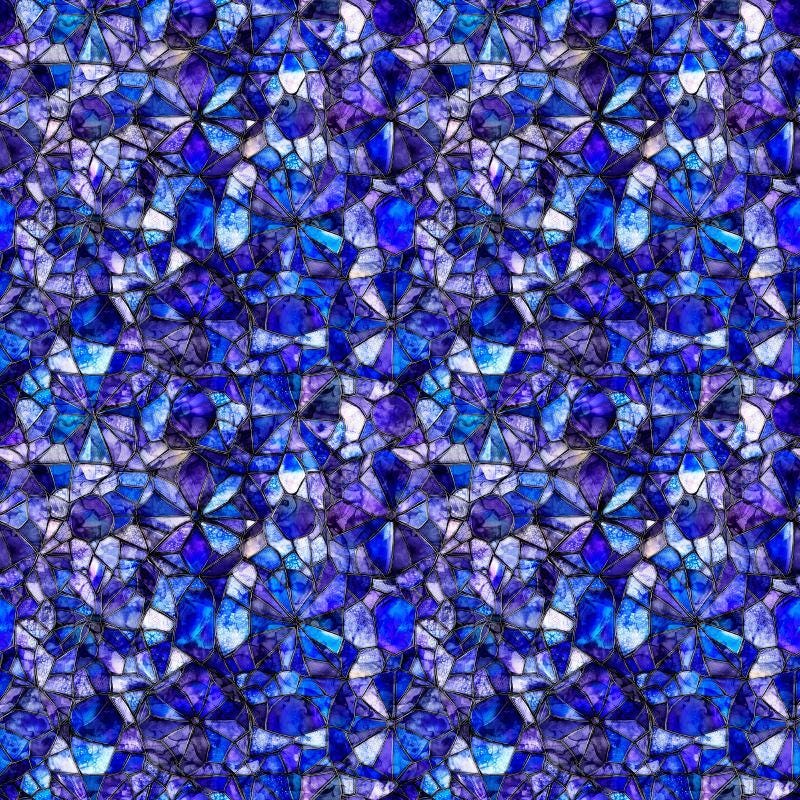 Image of Lumenique Mosaic Blender Lapis quilting cotton fabric by Dan Morris for QT Fabrics. Features a printed stained glass pattern on a blue background. Cute Little Fabric Shop.