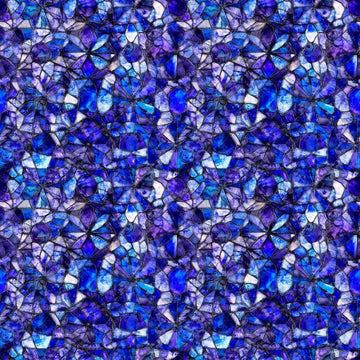 Image of Lumenique Mosaic Blender Lapis quilting cotton fabric by Dan Morris for QT Fabrics. Features a printed stained glass pattern on a blue background. Cute Little Fabric Shop.