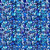 Image of Lumenique Mosaic Blender Denim quilting cotton fabric by Dan Morris for QT Fabrics. Features a printed stained glass pattern on a blue background. Cute Little Fabric Shop.