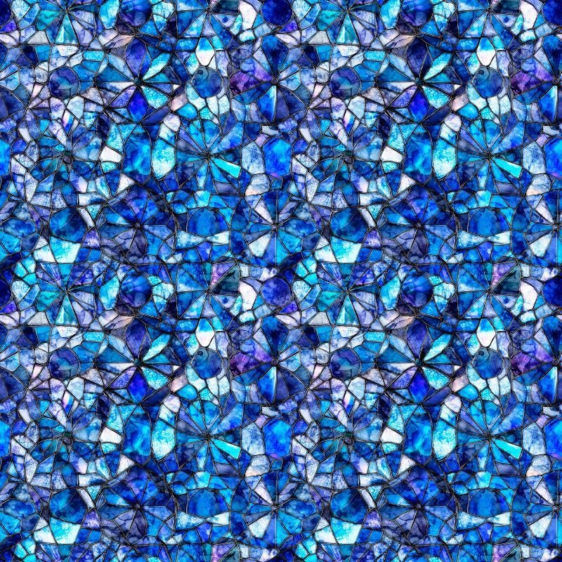 Image of Lumenique Mosaic Blender Denim quilting cotton fabric by Dan Morris for QT Fabrics. Features a printed stained glass pattern on a blue background. Cute Little Fabric Shop.