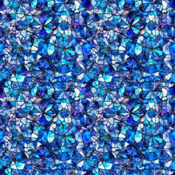 Image of Lumenique Mosaic Blender Denim quilting cotton fabric by Dan Morris for QT Fabrics. Features a printed stained glass pattern on a blue background. Cute Little Fabric Shop.