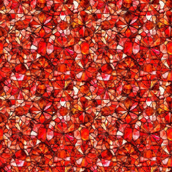 Image of Lumenique Mosaic Blender Red quilting cotton fabric by Dan Morris for QT Fabrics. Features a printed stained glass pattern on a red background. Cute Little Fabric Shop.