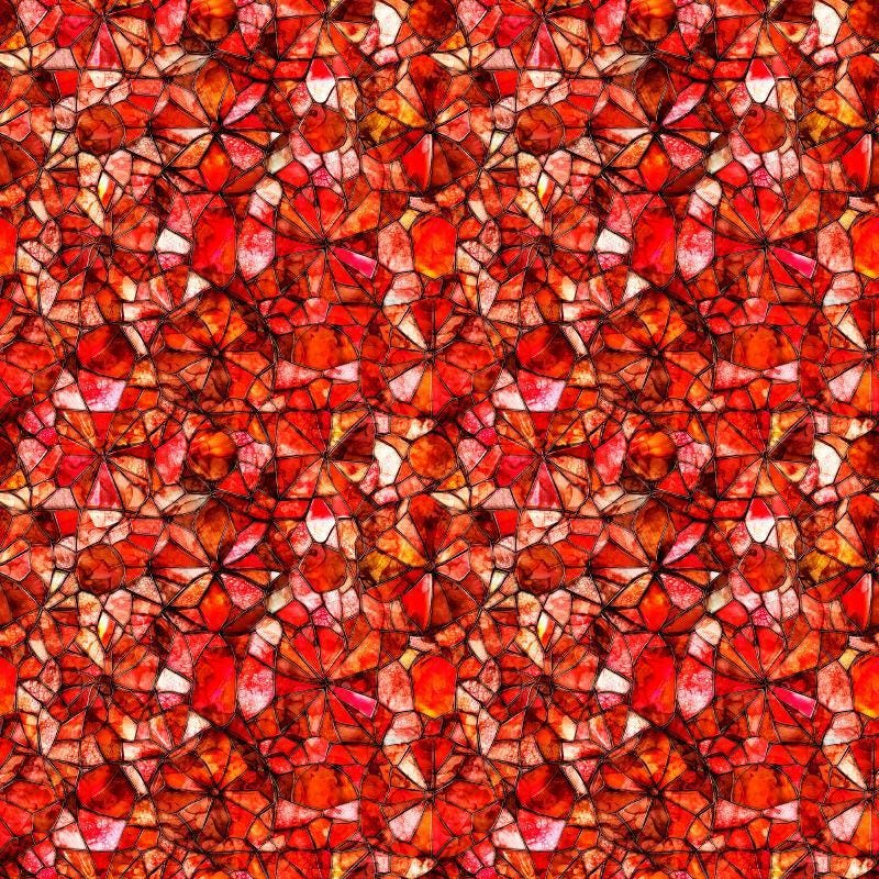 Image of Lumenique Mosaic Blender Red quilting cotton fabric by Dan Morris for QT Fabrics. Features a printed stained glass pattern on a red background. Cute Little Fabric Shop.