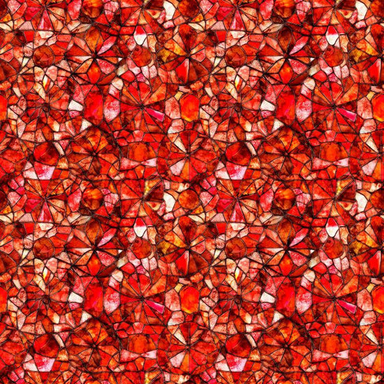 Image of Lumenique Mosaic Blender Red quilting cotton fabric by Dan Morris for QT Fabrics. Features a printed stained glass pattern on a red background. Cute Little Fabric Shop.