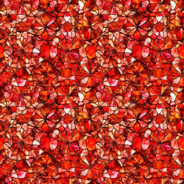 Image of Lumenique Mosaic Blender Red quilting cotton fabric by Dan Morris for QT Fabrics. Features a printed stained glass pattern on a red background. Cute Little Fabric Shop.