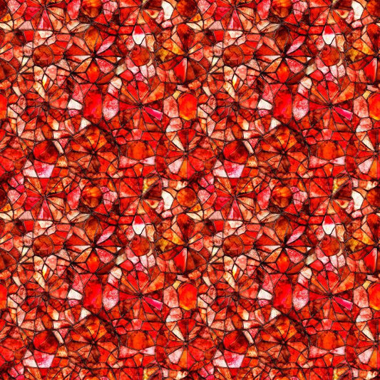 Image of Lumenique Mosaic Blender Red quilting cotton fabric by Dan Morris for QT Fabrics. Features a printed stained glass pattern on a red background. Cute Little Fabric Shop.