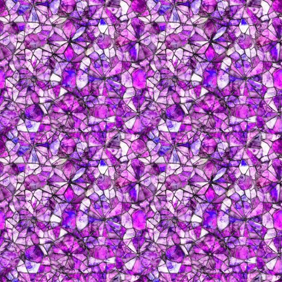 Image of Lumenique Mosaic Blender Orchid quilting cotton fabric by Dan Morris for QT Fabrics. Features a printed stained glass pattern on a purple background. Cute Little Fabric Shop.