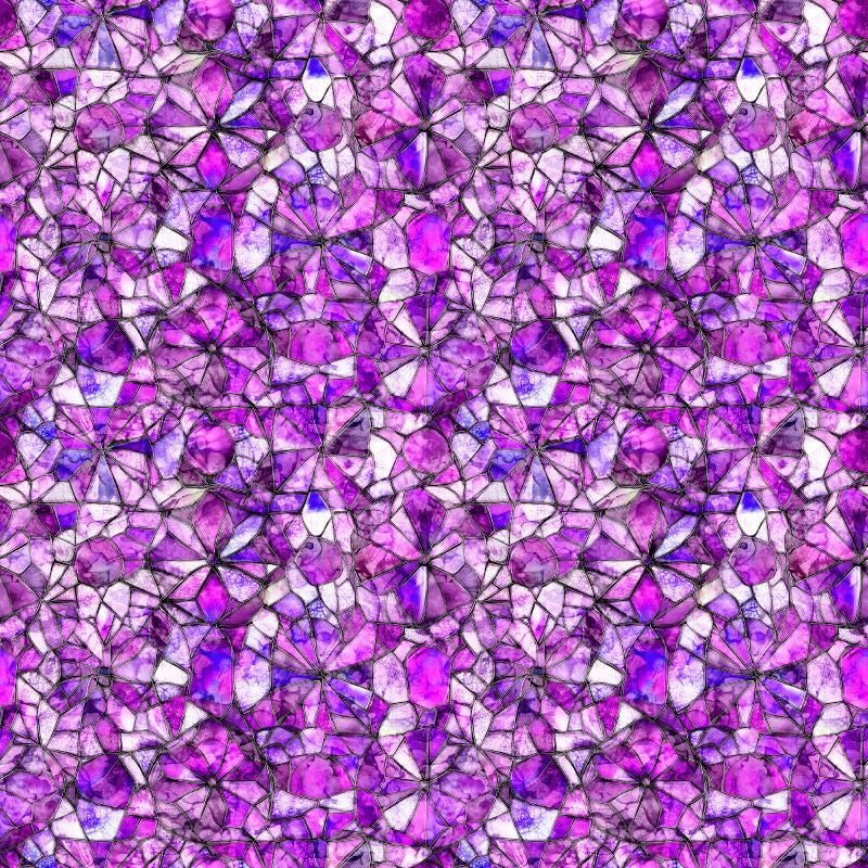 Image of Lumenique Mosaic Blender Orchid quilting cotton fabric by Dan Morris for QT Fabrics. Features a printed stained glass pattern on a purple background. Cute Little Fabric Shop.
