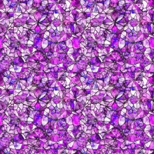 Image of Lumenique Mosaic Blender Orchid quilting cotton fabric by Dan Morris for QT Fabrics. Features a printed stained glass pattern on a purple background. Cute Little Fabric Shop.