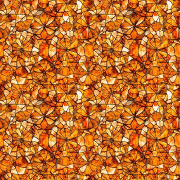Image of Lumenique Mosaic Blender Burnt Orange quilting cotton fabric by Dan Morris for QT Fabrics. Features a printed stained glass pattern on an orange background. Cute Little Fabric Shop.