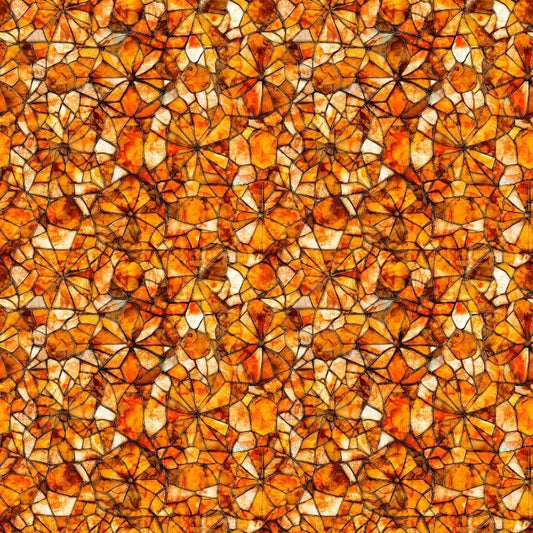 Image of Lumenique Mosaic Blender Burnt Orange quilting cotton fabric by Dan Morris for QT Fabrics. Features a printed stained glass pattern on an orange background. Cute Little Fabric Shop.