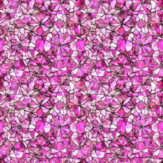 Image of Lumenique Mosaic Blender Hot Pink quilting cotton fabric by Dan Morris for QT Fabrics. Features a printed stained glass pattern on a pink background. Cute Little Fabric Shop.