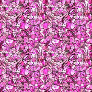Image of Lumenique Mosaic Blender Hot Pink quilting cotton fabric by Dan Morris for QT Fabrics. Features a printed stained glass pattern on a pink background. Cute Little Fabric Shop.