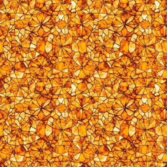 Image of Lumenique Mosaic Blender Orange quilting cotton fabric by Dan Morris for QT Fabrics. Features a printed stained glass pattern on an orange background. Cute Little Fabric Shop.