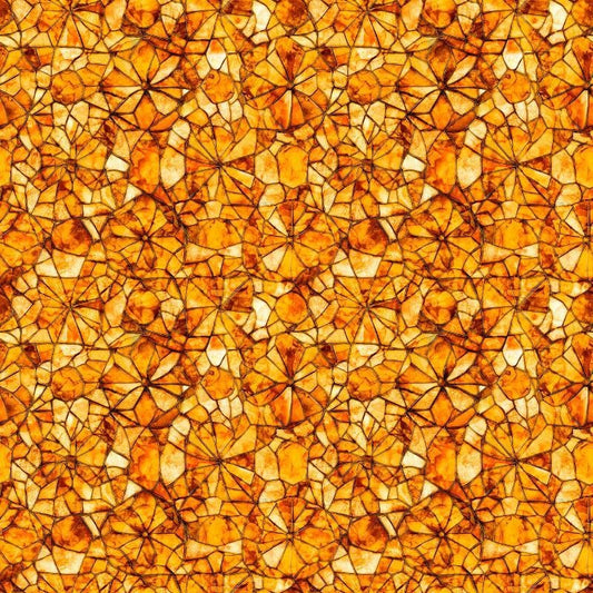 Image of Lumenique Mosaic Blender Orange quilting cotton fabric by Dan Morris for QT Fabrics. Features a printed stained glass pattern on an orange background. Cute Little Fabric Shop.