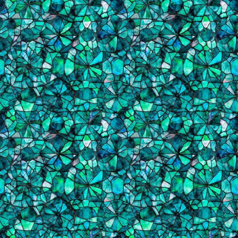 Image of Lumenique Mosaic Blender Lagoon quilting cotton fabric by Dan Morris for QT Fabrics. Features a printed stained glass pattern on a blue background. Cute Little Fabric Shop.