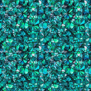 Image of Lumenique Mosaic Blender Lagoon quilting cotton fabric by Dan Morris for QT Fabrics. Features a printed stained glass pattern on a blue background. Cute Little Fabric Shop.