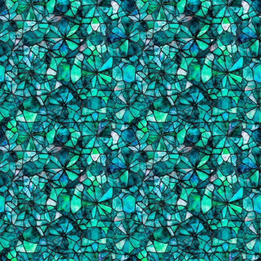 Image of Lumenique Mosaic Blender Lagoon quilting cotton fabric by Dan Morris for QT Fabrics. Features a printed stained glass pattern on a blue background. Cute Little Fabric Shop.