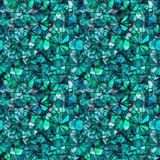 Image of Lumenique Mosaic Blender Lagoon quilting cotton fabric by Dan Morris for QT Fabrics. Features a printed stained glass pattern on a blue background. Cute Little Fabric Shop.