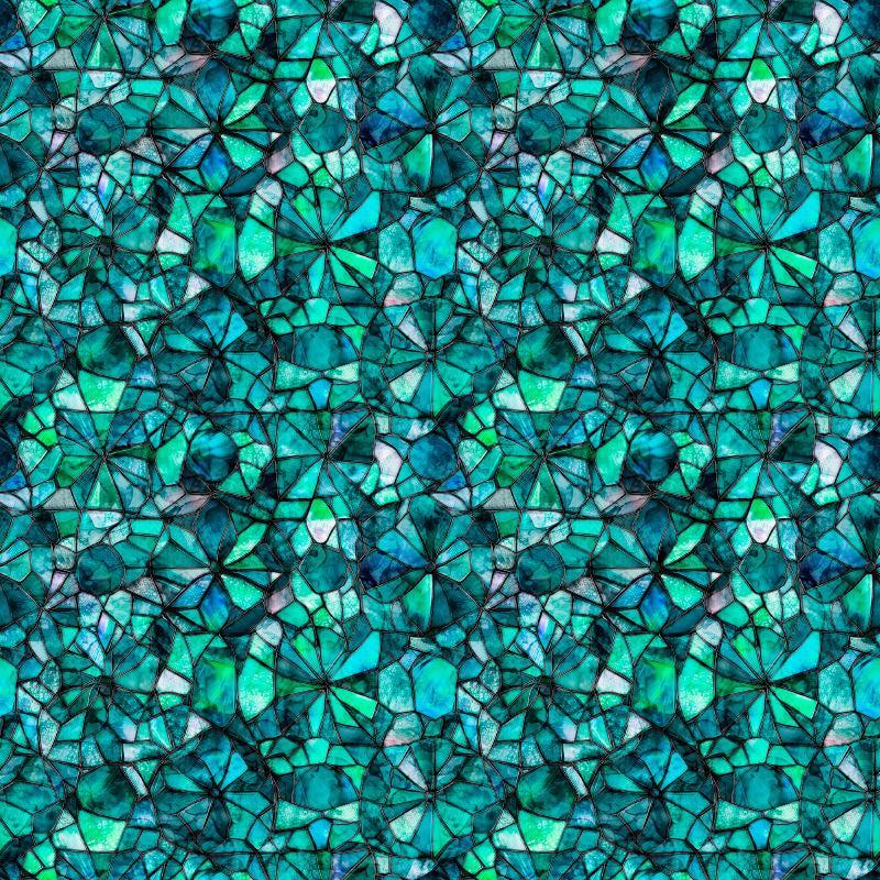 Image of Lumenique Mosaic Blender Lagoon quilting cotton fabric by Dan Morris for QT Fabrics. Features a printed stained glass pattern on a blue background. Cute Little Fabric Shop.