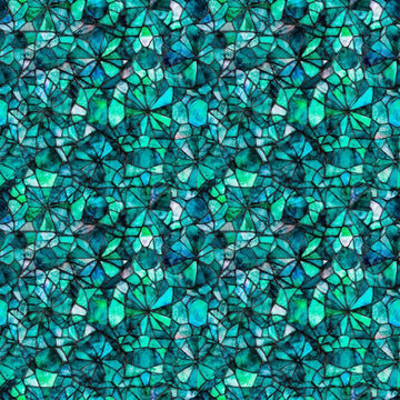 Image of Lumenique Mosaic Blender Lagoon quilting cotton fabric by Dan Morris for QT Fabrics. Features a printed stained glass pattern on a blue background. Cute Little Fabric Shop.