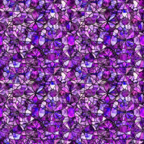 Image of Lumenique Mosaic Blender Grape quilting cotton fabric by Dan Morris for QT Fabrics. Features a printed stained glass pattern on a purple background. Cute Little Fabric Shop.