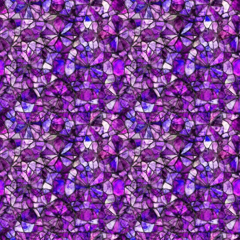 Image of Lumenique Mosaic Blender Grape quilting cotton fabric by Dan Morris for QT Fabrics. Features a printed stained glass pattern on a purple background. Cute Little Fabric Shop.