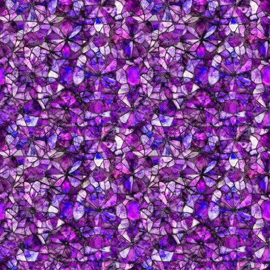 Image of Lumenique Mosaic Blender Grape quilting cotton fabric by Dan Morris for QT Fabrics. Features a printed stained glass pattern on a purple background. Cute Little Fabric Shop.