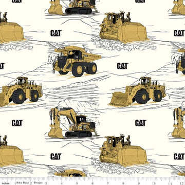 SALE CAT Main White - Riley Blake - Construction Equipment Excavators Bulldozers Trucks - Quilting Cotton Fabric