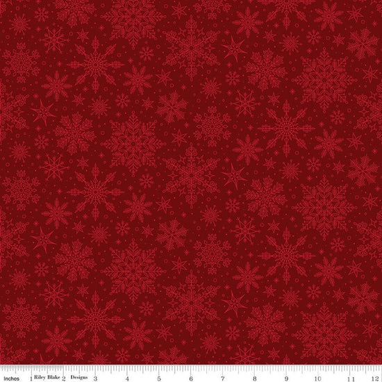 Image of Poinsettias at Christmas Snowflakes Red quilting cotton fabric by Jennifer Bosworth for Riley Blake Designs. Features snowflakes on a red background. Cute Little Fabric Shop.