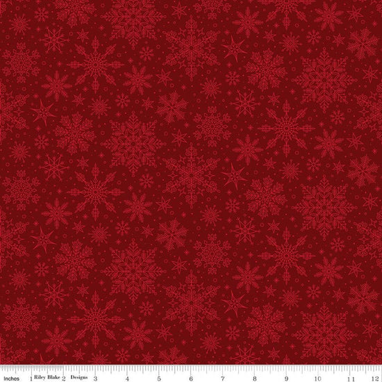 Image of Poinsettias at Christmas Snowflakes Red quilting cotton fabric by Jennifer Bosworth for Riley Blake Designs. Features snowflakes on a red background. Cute Little Fabric Shop.