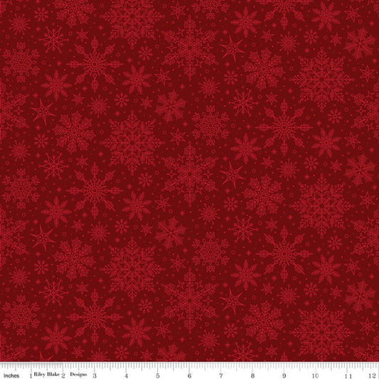 Image of Poinsettias at Christmas Snowflakes Red quilting cotton fabric by Jennifer Bosworth for Riley Blake Designs. Features snowflakes on a red background. Cute Little Fabric Shop.