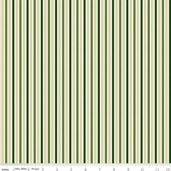Image of Poinsettias at Christmas Stripe Green Foil quilting cotton fabric by Jennifer Bosworth for Riley Blake Designs. Features stripes on a green background. Cute Little Fabric Shop.