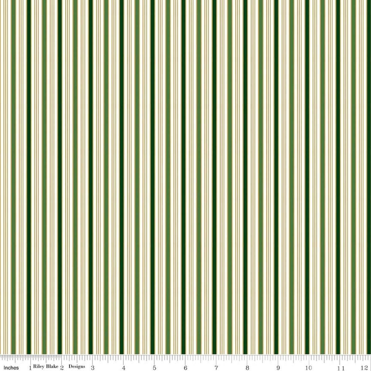 Image of Poinsettias at Christmas Stripe Green Foil quilting cotton fabric by Jennifer Bosworth for Riley Blake Designs. Features stripes on a green background. Cute Little Fabric Shop.