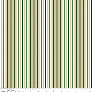 Image of Poinsettias at Christmas Stripe Green Foil quilting cotton fabric by Jennifer Bosworth for Riley Blake Designs. Features stripes on a green background. Cute Little Fabric Shop.