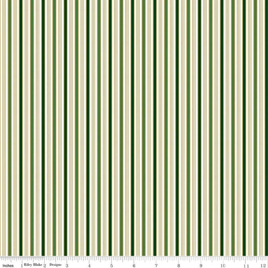 Image of Poinsettias at Christmas Stripe Green Foil quilting cotton fabric by Jennifer Bosworth for Riley Blake Designs. Features stripes on a green background. Cute Little Fabric Shop.