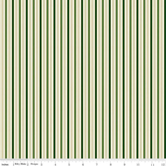 Image of Poinsettias at Christmas Stripe Green Foil quilting cotton fabric by Jennifer Bosworth for Riley Blake Designs. Features stripes on a green background. Cute Little Fabric Shop.