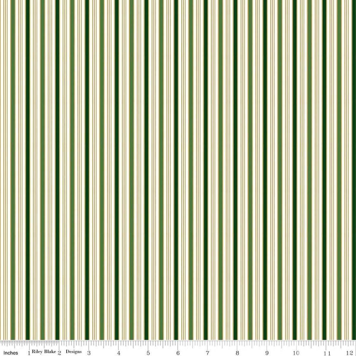 Image of Poinsettias at Christmas Stripe Green Foil quilting cotton fabric by Jennifer Bosworth for Riley Blake Designs. Features stripes on a green background. Cute Little Fabric Shop.