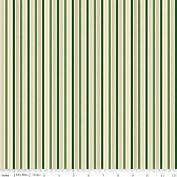 Image of Poinsettias at Christmas Stripe Green Foil quilting cotton fabric by Jennifer Bosworth for Riley Blake Designs. Features stripes on a green background. Cute Little Fabric Shop.