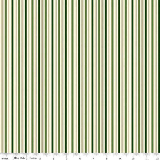 Image of Poinsettias at Christmas Stripe Green Foil quilting cotton fabric by Jennifer Bosworth for Riley Blake Designs. Features stripes on a green background. Cute Little Fabric Shop.