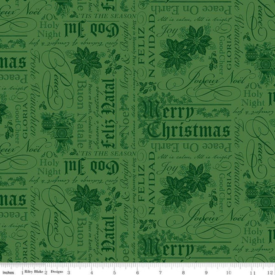 Image of Poinsettias at Christmas Text Green quilting cotton fabric by Jennifer Bosworth for Riley Blake Designs. Features words on a green background. Cute Little Fabric Shop.