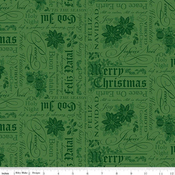 Image of Poinsettias at Christmas Text Green quilting cotton fabric by Jennifer Bosworth for Riley Blake Designs. Features words on a green background. Cute Little Fabric Shop.