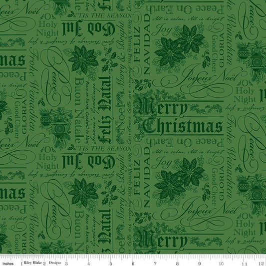 Image of Poinsettias at Christmas Text Green quilting cotton fabric by Jennifer Bosworth for Riley Blake Designs. Features words on a green background. Cute Little Fabric Shop.