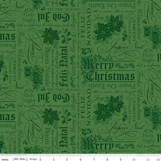 Image of Poinsettias at Christmas Text Green quilting cotton fabric by Jennifer Bosworth for Riley Blake Designs. Features words on a green background. Cute Little Fabric Shop.