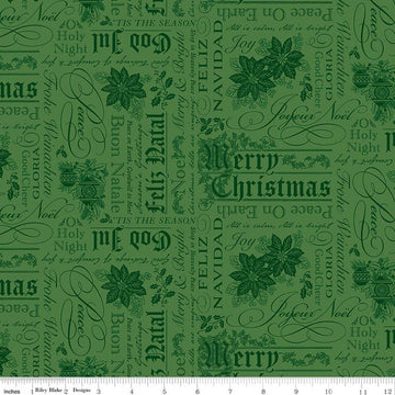 Image of Poinsettias at Christmas Text Green quilting cotton fabric by Jennifer Bosworth for Riley Blake Designs. Features words on a green background. Cute Little Fabric Shop.