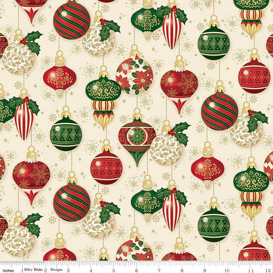 Image of Poinsettias at Christmas Ornaments Cream Foil quilting cotton fabric by Jennifer Bosworth for Riley Blake Designs. Features ornaments on a cream background. Cute Little Fabric Shop.