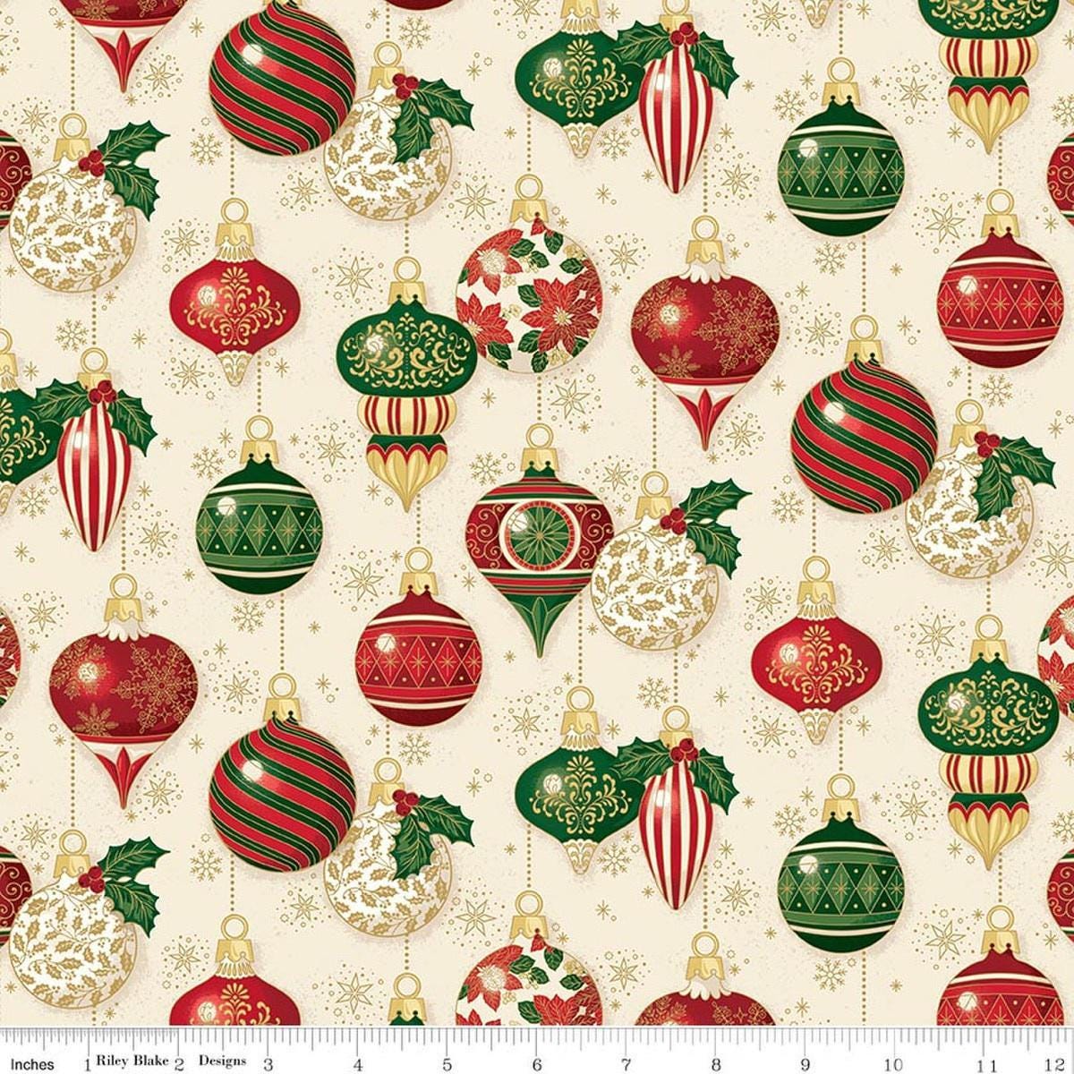 Image of Poinsettias at Christmas Ornaments Cream Foil quilting cotton fabric by Jennifer Bosworth for Riley Blake Designs. Features ornaments on a cream background. Cute Little Fabric Shop.